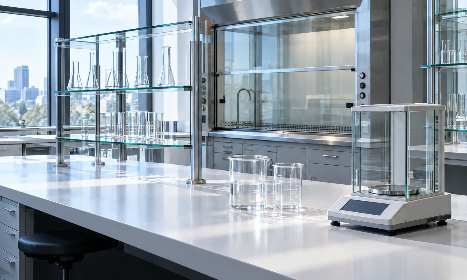 A clean research laboratory bench with glassware